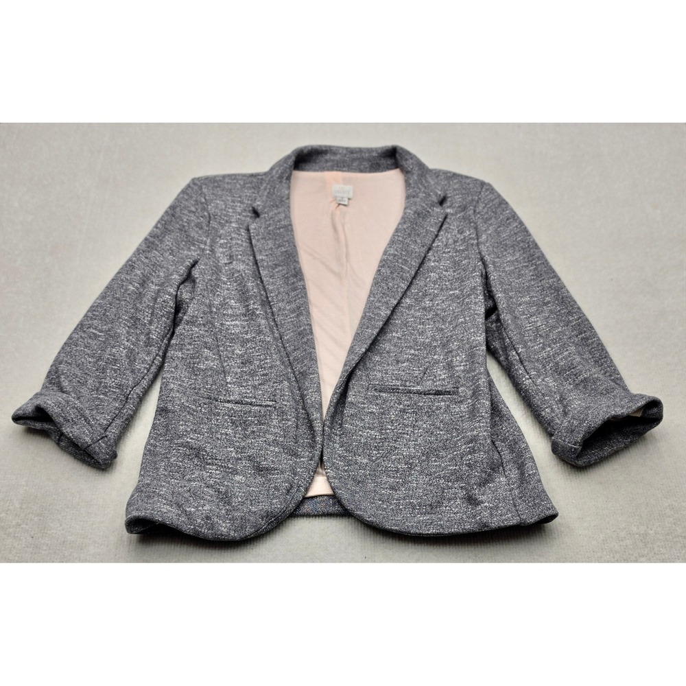 LC Lauren Conrad Blazer Women 8 Gray Open Front Knit 3/4 Sleeve Notched Lapel